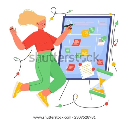 Woman planning concept. Young girl near blackboard with colorful todo lists, sticky notes. Time management, setting goals and deadlines, organizing effective workflow. Cartoon flat vector illustration