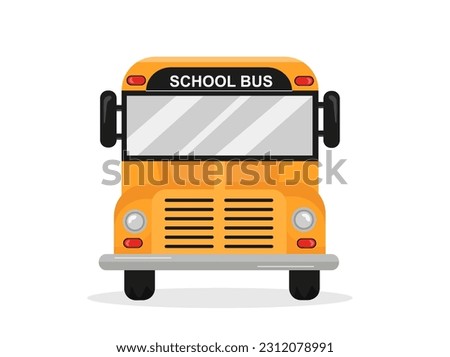 School bus front view. City infrastructure, yellow big car for schoolchildren. Travel and trip to school, public transport. Cartoon flat vector illustration isolated on white background