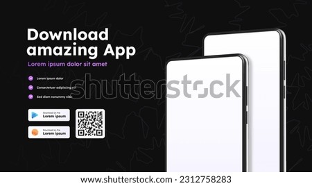 Download app dark. Advertising of mobile application or program, software. Landing page design with QR code. Poster or banner for website. Upload and download. Isometric vector illustration