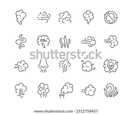 Smoke icons outline set. Cigarettes and nicotine, bad habits. Bad smell and clouds of smoke. Toxic steam, nose with bad air, sense of smell. Flat vector collection isolated on white background