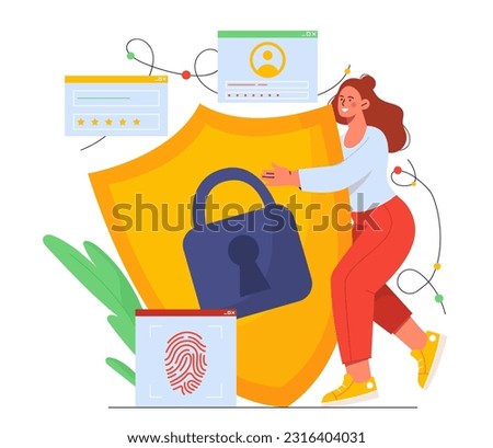 Woman with cyber security sign concept. Protection of personal data and safety information on internet. Antivirus for fight prevention hackers attacks. Cartoon flat vector illustration