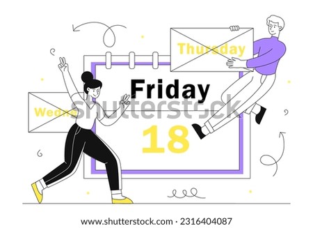 Man and woman near friday concept. Characters near calendar, employees celebrate end of working week. Weekends and rest. Worker excited with days off at workplace. Linear flat vector illustration