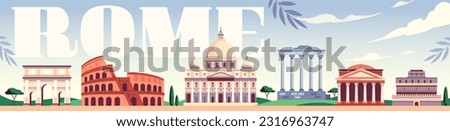 Rome city architecture. Panorama of old town with sights. Colosseum, Vatican, cathedrals and Pantheon in cityscape. Horizontal poster with popular landmarks. Cartoon flat vector illustration