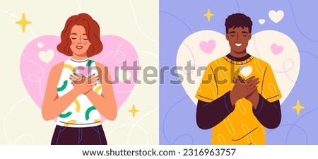 Happy man and woman set. Smiling characters in love with heart gesture on their chest. Portraits of young loving couple. Relationships, people and feelings concept. Cartoon flat vector illustration