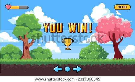 You win pixel game background. Trophy and text on background of grass and trees. Mobile application and game, arcade. Interface in retro style. Cartoon flat vector illustration