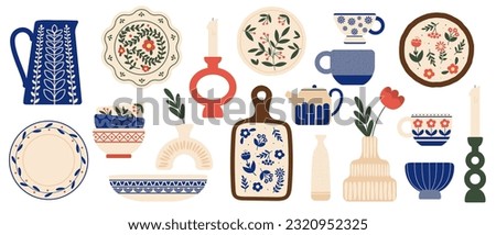 Handmade ceramics pottery set. Dishes and plates, kitchen utensils. Traditional shapes and patterns. Creativity and art. Cartoon flat vector collection isolated on white background