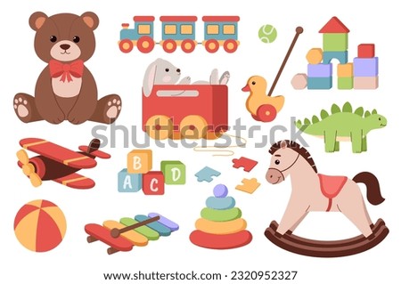 Cute toys for kids set concept. Teddy bear and horse, pyramid. Entertainment and recreation. Inventory for children and playroom. Cartoon flat vector collection isolated on white background