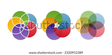 Venn colorful diagrams set. Infographics, data visualization. Working with statistics and information. Multicolored crossed circles. Flat vector collection isolated on white background