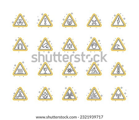 Danger and warning icons color set. Interface for mobile apps and programs, software. Snow, sun, electricity. Camera, broken dishes and wave. Linear flat vector collection isolated on white background