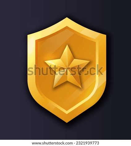 3D game gold shield icon concept. Security and protection, safety. Reward and award. Interface for mobile software. UI and UX design. Isometric vector illustration isolated on dark background