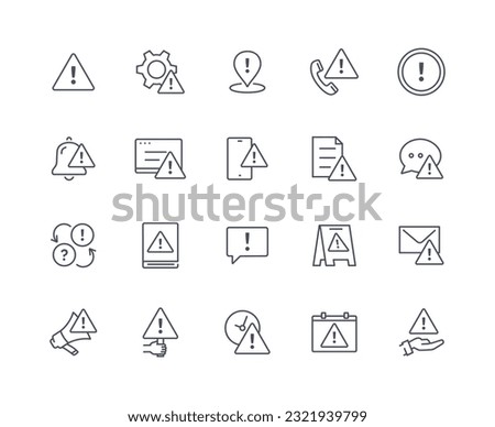 Warning icons outline set. Notification and announcement, alert. Internet danger. Security and protection. Interface for software. Linear flat vector collection isolated on white background