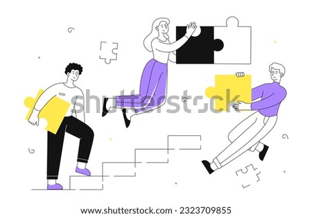 Teamwork with puzzles line concept. Partners and colleagues. Collaboration and cooperation. Organization of effective workflow. Business project or start up. Linear flat vector illustration