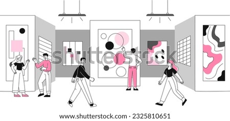 People at exhibition line concept. Men and women in gallery look at paintings. Exhibition and museum. Cultural recreation, leisure and useful hobby. Linear flat vector illustration