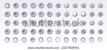 Set of metal bolt heads. Steel and iron equipment of repairman, builder on copy space. Top view of nuts and washers. Realistic isometric vector collection isolated on transparent background