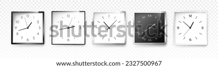 Realistic square clock set. Decor and interior elements on copy space. Time and planning, deadline. Office and home watch. Isometric vector collection isolated on transparent background
