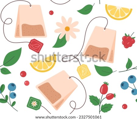 Seamless pattern with tea bags. Repeating design element for printing on fabric. Lemon and berries, chamomile. Hot drink, traditional morning breakfast. Cartoon flat vector illustration