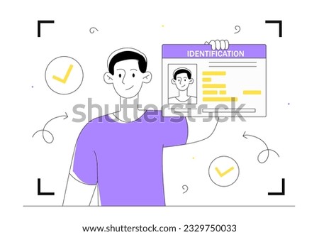 Man with identification line concept. Young guy with his ID in hand. Foreign passport and drivers license. Pass for student or mass media worker, journalist. Linear flat vector illustration