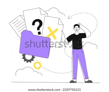 Man with no data line concept. Young guy near folder with documents and lists. Problems on server and cloud storage. Character with data and information. Linear flat vector illustration