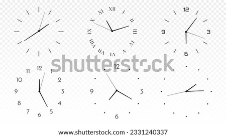 Minimalistic clocks pattern set. Time management and planning, scheduling. Decor for home and office on copy space. Realistic vector collection isolated on transparent background