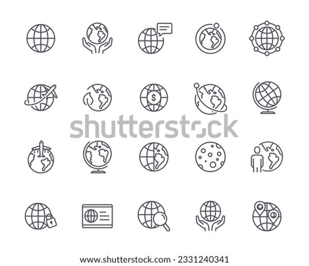 Globe and planet outline icons set. Travel and tourism, flights. Import and export. Globalization and international trade. Linear flat vector collection isolated on white background