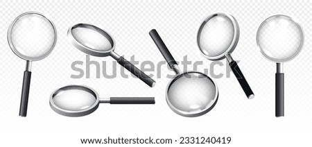 Magnifiying glass black set. Loupes for investigations and researching. Zoom equipment of different angles on copy space. Realistic isometric vector collection isolated on transparent background