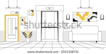 Interior with elevator line concept. Inside hotel building and room. Modern architecture and interior. Comfort and coziness in hall, sofa and painting. Linear flat vector illustration