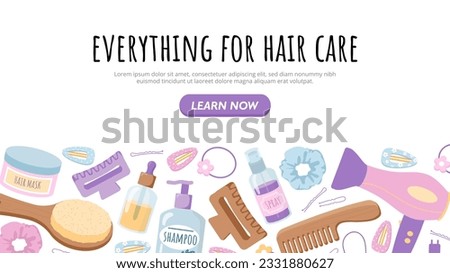 Everything for hair care vector banner. Comb and hair dryer, shampoo. Fashion and style. Beauty products and cosmetics. Barber shop equipment. Landing page design. Cartoon flat illustration