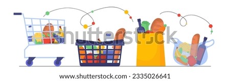 Set of shopping carts and bags. Grocery store or shsop, market and shopping mall. Natural and organic products. Vegetables and fruits. Cartoon flat vector collection isolated on white background