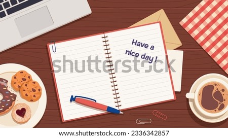 Notebook with pen on table concept. Top view of desk with otepad and stationery, plate with cookies. Time management and planning, goal setting. Cartoon flat vector illustration