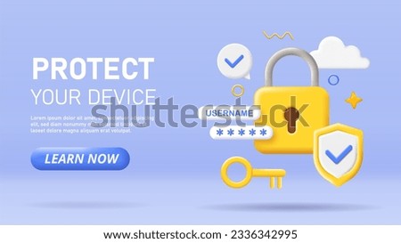 3D protect your device banner. Safety and security on Internet. Cloud service and storage. Template, layout and mock up for website. Landing page. Cartoon isometric vector illustration