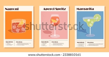 Set of posters with cocktails. Cold tasty liquids and beverage. Alcoholic drinks in glasses for summer season. Margaritta, Aperol Spritz. Cartoon flat vector collection isolated on orange background