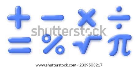 3D Math symbols set. Plus, minus, equal, percent multiplication sign. Calculations, education, learning and training. Cartoon isometric vector collection isolated on white background