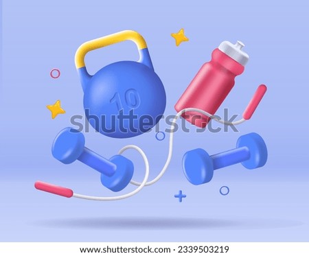 3D gym equipment concept. Jump rope, dumbbells, kettlebell and water bottle. Active lifestyle and sport, workout and training. Cartoon isometric vector illustrations isolated on blue background