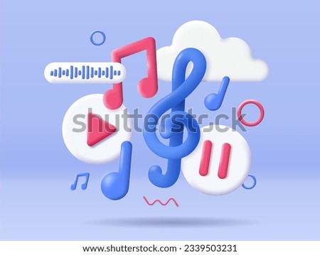 3D music icons concept. Player and melody, songs and playlist. Treble clef and notes. Template, layout and mock up. Cartoon isometric vector collection isolated on blue background
