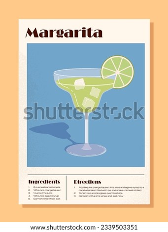 Margarita cocktail recipe concept. Blue cover or poster with drink. Lime slice with ice cubes. Alcohol and beverage for hot weather. Booklet and flyer. Cartoon flat vector illustration