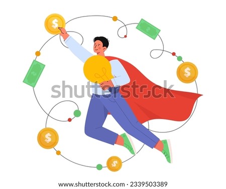 Superman with lightbulb concept. Young guy near golden coins and banknotes. Successful entrepreneur and businessman. Poster or banner. Cartoon flat vector illustration isolated on white background
