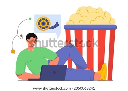 Man with movie selection concept. Young guy with laptop at background of pop corn choose film. Cinema, movies and tv series. Entertainment and fun. Cartoon flat vector illustration