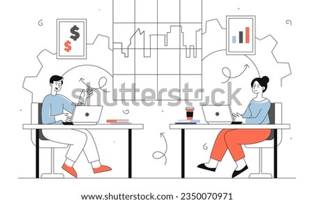 People work at office line concept. Man and woman with laptops sit at tables and communicate. Colleagues and partners working on common project. Efficient workflow. Linear flat vector illustration
