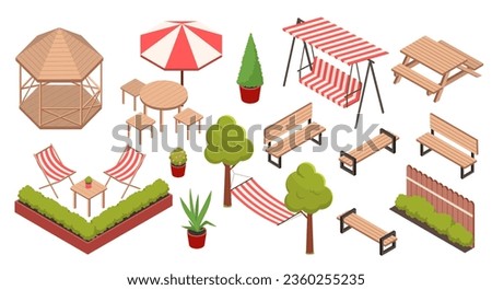 Isometric garden furniture set. Chairs, swing and bench near tree in pot. Equipment for rest and relaxation at backyard. Cartoon 3D vector collection isolated on white background