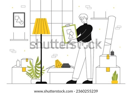 Man move from house line concept. Relocation to another building. Owner collects things in cardboard boxes. Young guy relocate, immigrate to new home. Linear flat vector illustration