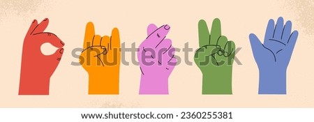 Colorful hands set. Red, yellow and green arms showing gestures. Emotions and feelings. Pack of stickers for social networks. Cartoon flat vector collection isolated on beige background
