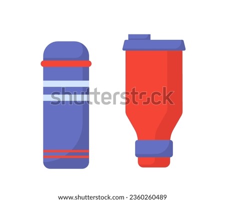 Set of thermoses concept. Container for hot drinks, tea or coffee. Active lifestyle and fitness. Stickers for social networks. Cartoon flat vector collection isolated on white background
