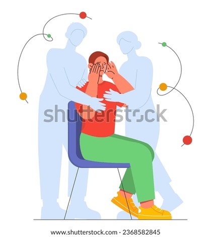 Man with dead parents concept. Young guy sitting and crying at chair near silhouettes of man and woman. Loss, depression and frustration. Negative emotions. Cartoon flat vector illustration