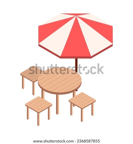 Isometric garden chairs and umbrella. Decor and interior element for backyard. Wooden furniture outdoor. Poster or banner for website. Cartoon 3D vector illustration isolated on white background
