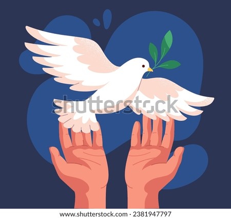Hands with dove poster. Symbol of peace. Stop war and crime. Politics and democracy. Pacifism, freedom and independence. Cover or banner for website. Cartoon flat vector illustration