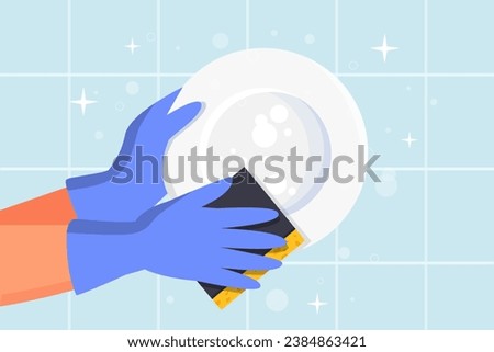 Hands wash dish concept. Cleanliness and hygiene in room. Housewife in protective gloves with sponge and soap. Routine and household chores. Poster or banner. Cartoon flat vector illustration
