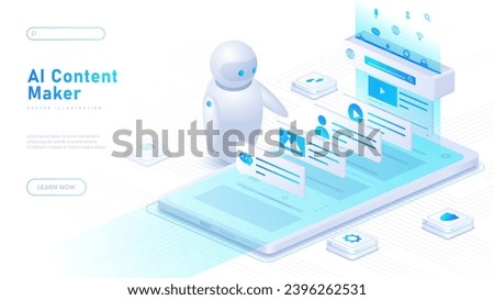 AI content maker white poster. Artificial Intelligence and Machine Learning. Chatbot with smartphone. Landing page design. Cartoon isometric vector illustration isolated on white background