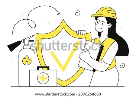 Occupational health outline concept. Woman in protective yellow hat with shield. Regulations for safety, protection and prevention of accidents in building. Linear flat vector illustration