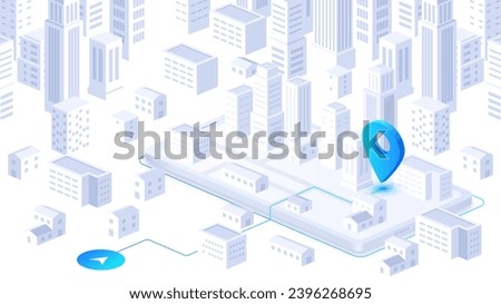 Navigation on city white poster. Geolocation neon blue pin at building. City map with route. Tourism and travel. Landing page design. Cartoon isometric vector illustration isolated on white background