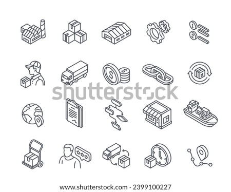Supply chain line icon set. Transportation, shipping and logistics. Truck, cart and boat. Shopping and home delivery. Import and export. Linear isometric vector collection isolated on white background
